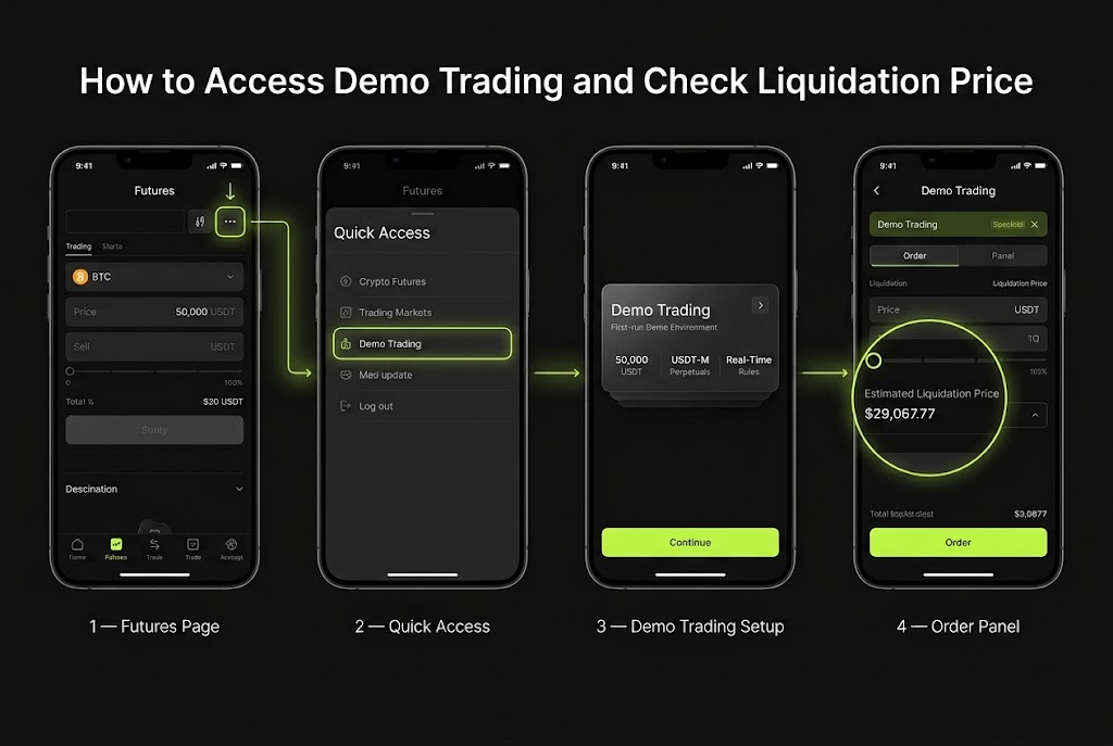 Four-step visual guide showing how to access Demo Trading from Futures and check the estimated liquidation price.