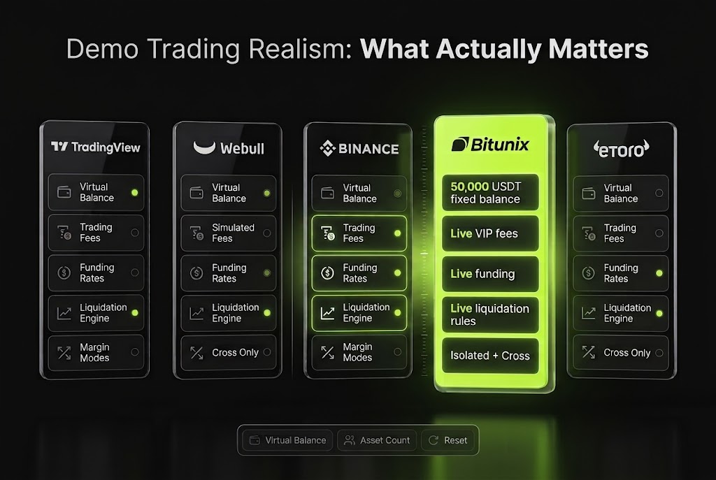 3D comparison of five demo trading platforms, highlighting fees, funding, liquidation and margin realism, with Bitunix emphasized.